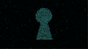 An image of a keyhole shape filled with computer code; cybersecurity; cyber stocks