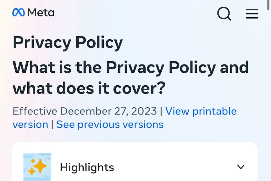 A screenshot of Meta's privacy policies.