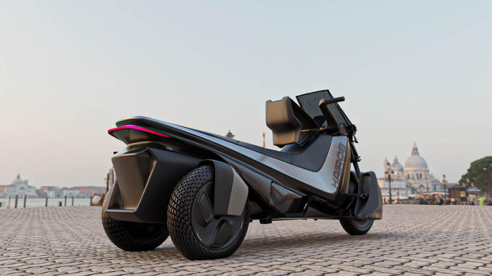 A rear 3/4 view of SIREMS Association's Kairos electric-three-wheeler concept