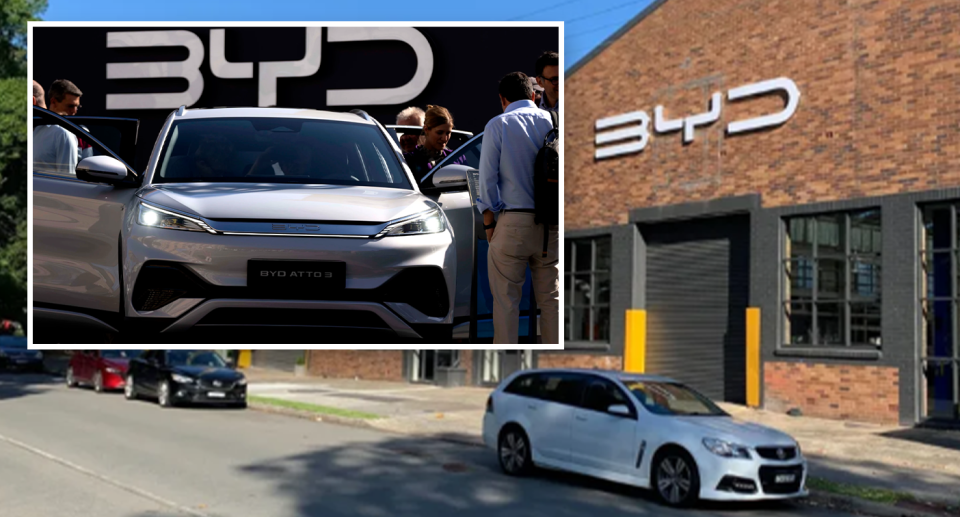 A BYD model seen on the streets of Mascot in Sydney, as the Chinese manufacturer soars in popularity. A second image is overlaid showing a BYD in a showroom. 