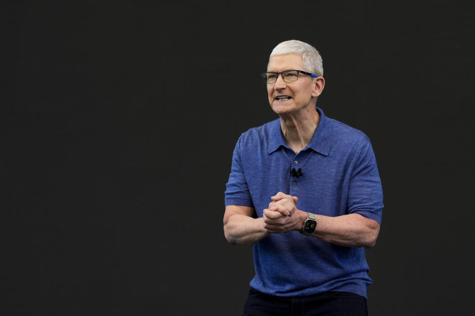 Apple CEO Tim Cook speaks during an announcement of new products on the Apple campus in Cupertino, Calif., Monday, June 10, 2024. (AP Photo/Jeff Chiu)