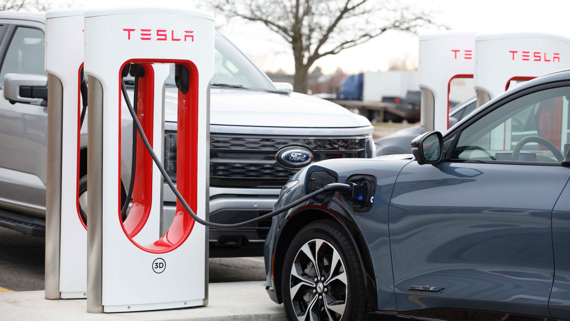 Ford Mach-E And Lightning At A Tesla Supercharger plugged in