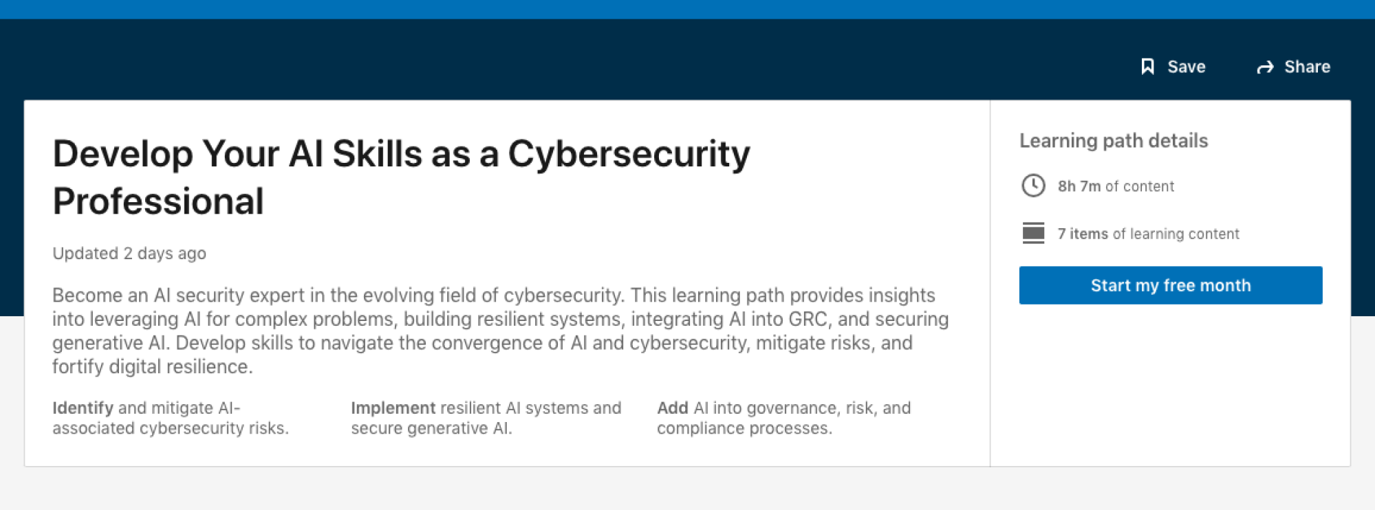 Screenshot of "Develop Your AI Skills as a Cybersecurity Professional" learning pathway on LinkedIn Learning