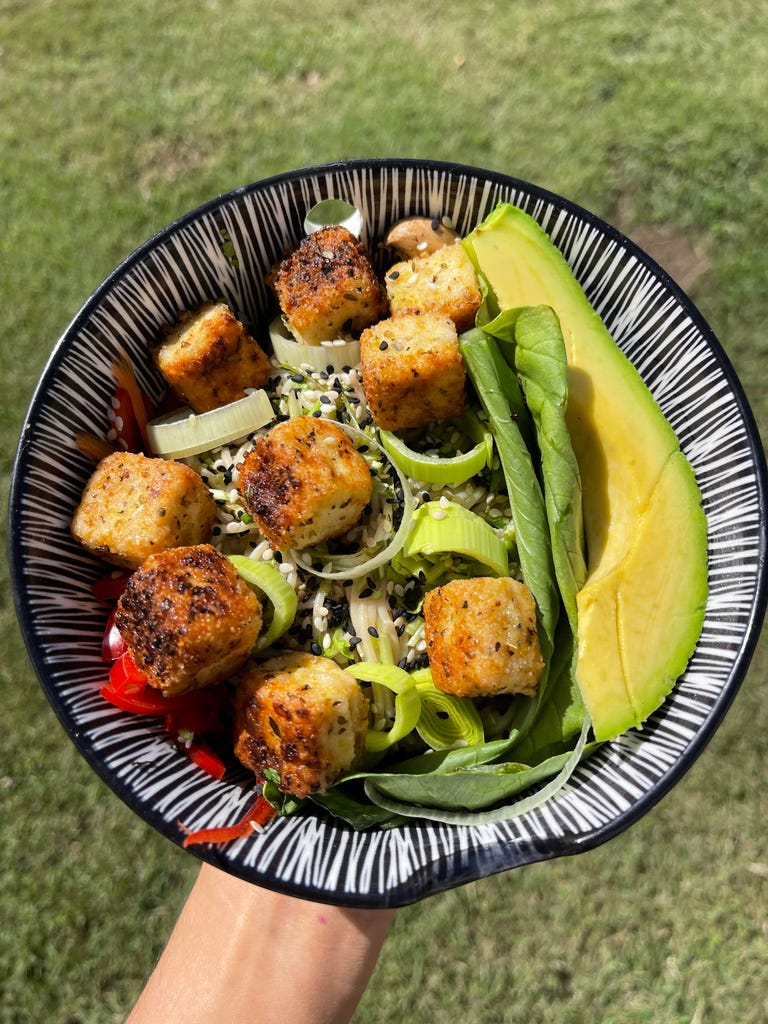 Portrait of my dinner: ramen, breaded tofu and avocado.