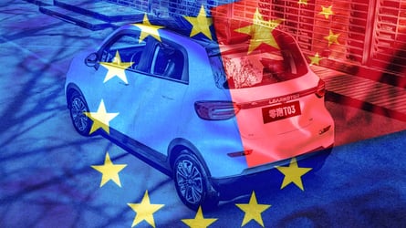 Leapmotor T03 EV with superimposed EU and Chinese flags