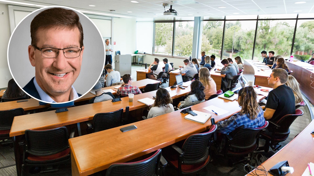 inset of Michael Arena over a business classroom at Biola University