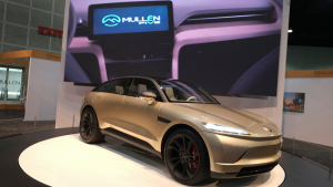 The Mullen Five vehicle is displayed at the 2021 LA Auto Show media day in Los Angeles, November, 18, 2021. MULN stock.