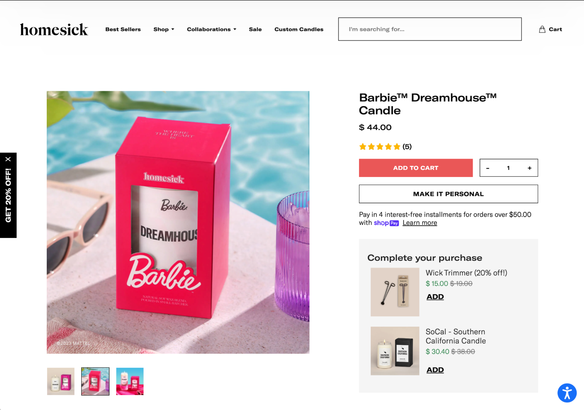 Homesick brand’s product page for Barbie Dreamhouse Candle