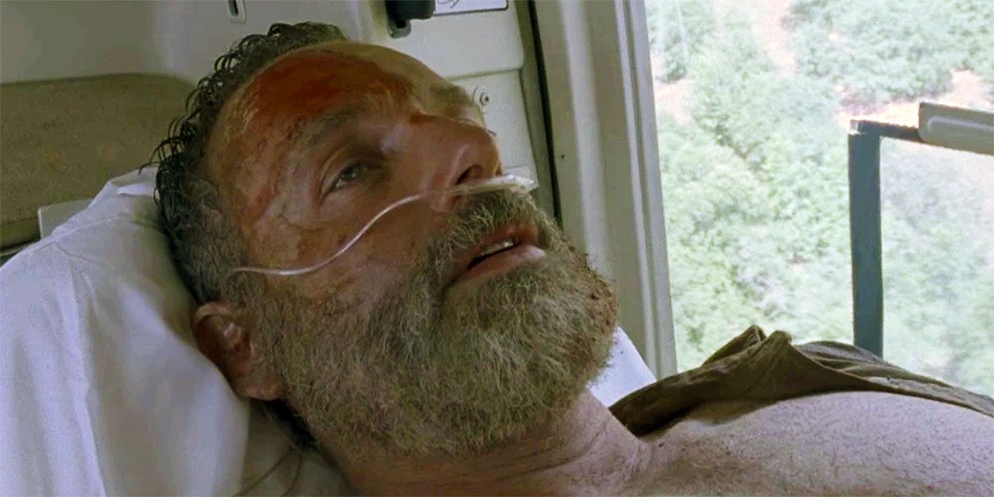 Rick Grimes wearing a nasal cannula in a CRM helicopter on The Walking Dead