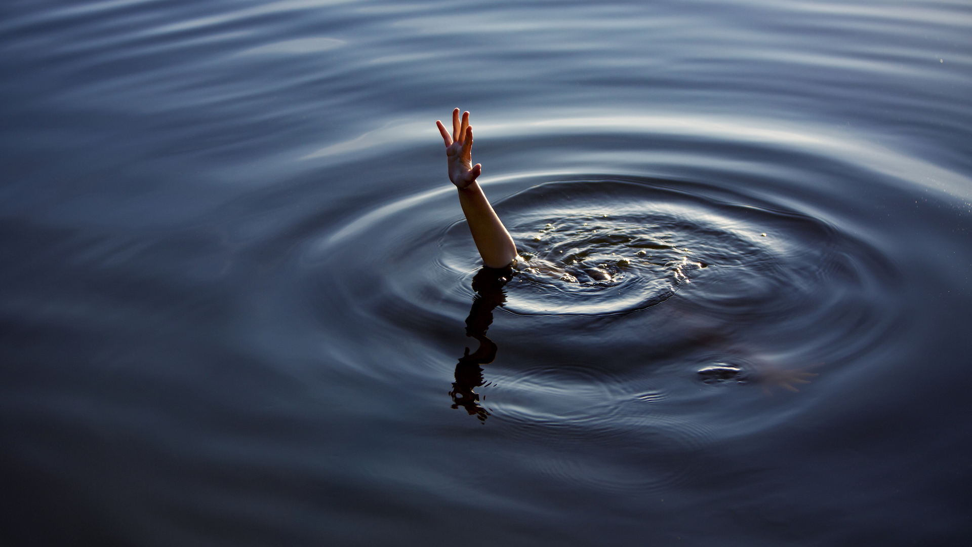 A drowning hand reaching out of a body of water