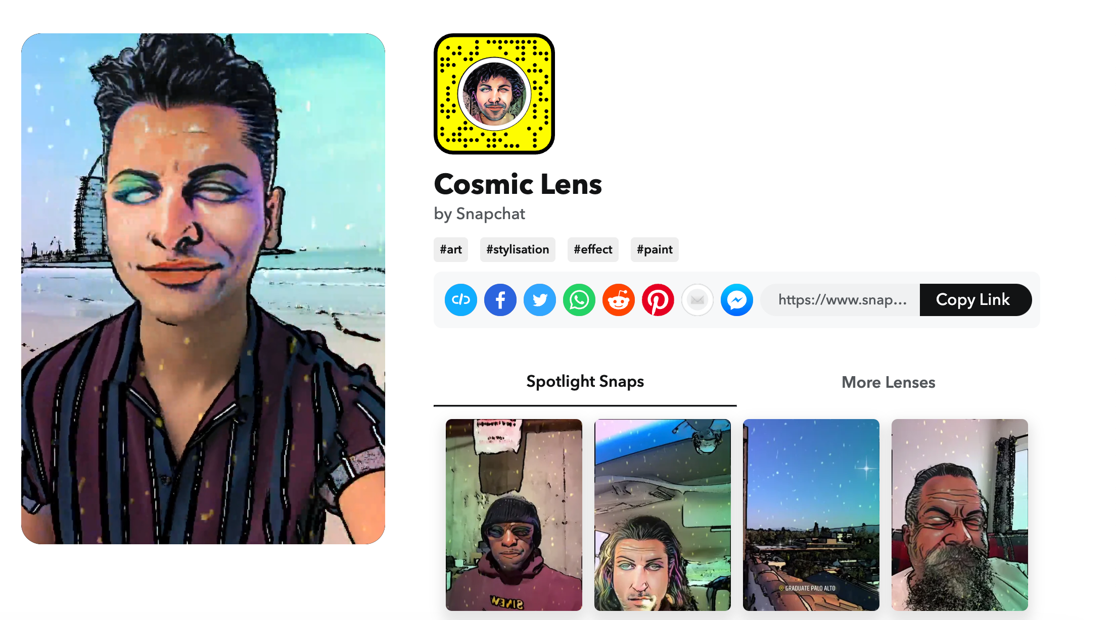 Sharing Snapchat's AI lenses and viewing other lens options