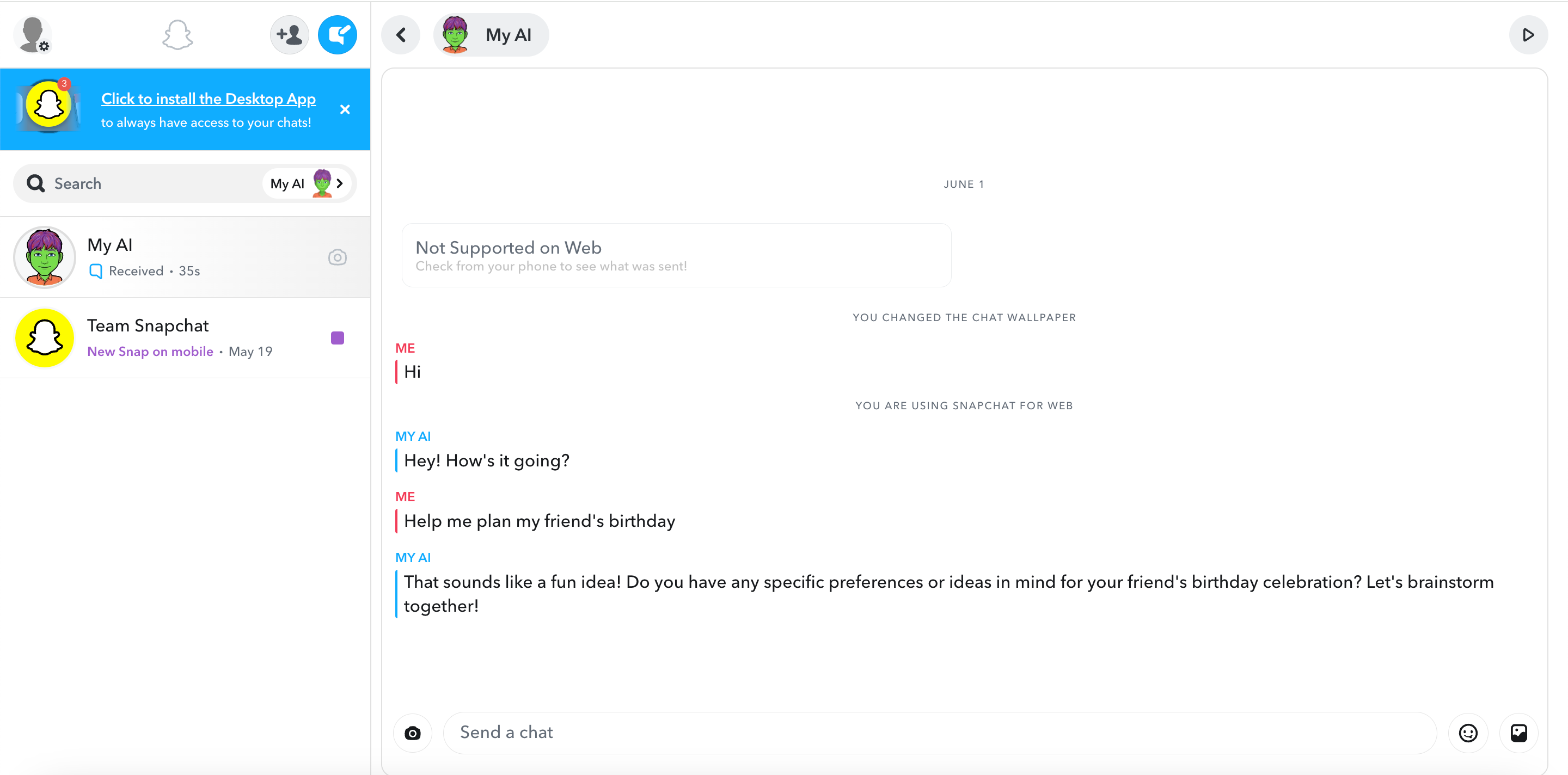 Chatting with My AI on Snapchat's website