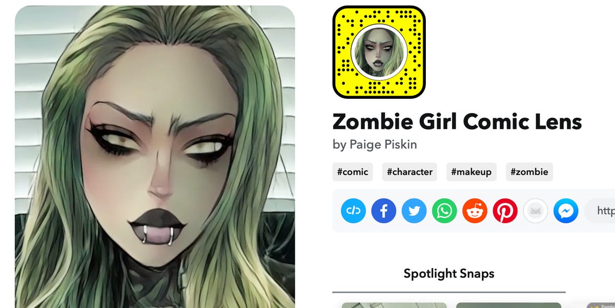 An AR effect of a woman who looks like a zombie in a Snapchat app made by Paige Piskin