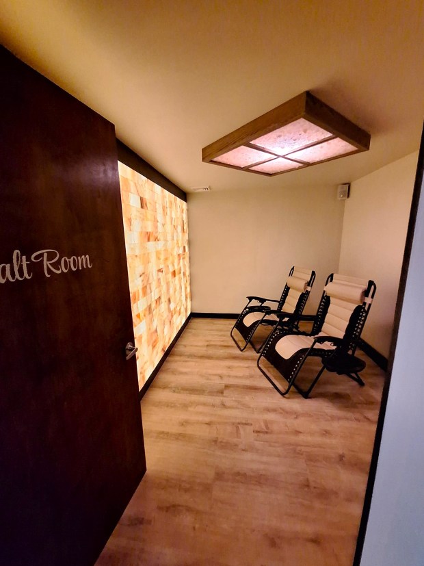 A day pass for the Zen Suite at Bliss Massage & Wellness Center in Leominster gets you access to a custom eight-person steam sauna, two-person hot tub, Himalayan salt room, pictured here, and foot soak room with massage chairs. (COURTESY BLISS MASSAGE & WELLNESS CENTER)