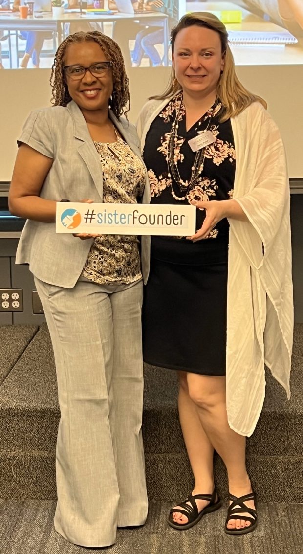 Adrienne Lakes, left, with Dusty Welsh, small business entrepreneurship coach at the Velocity Center in Sterling Heights, during the Women Business Builder Boot Camp held recently at the center.PHOTO BY NADIA LAPANSEE