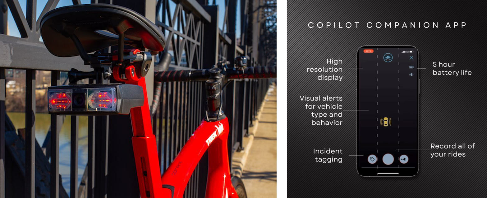 velo ai bike taillight shown on a road bike plus screenshots of their app